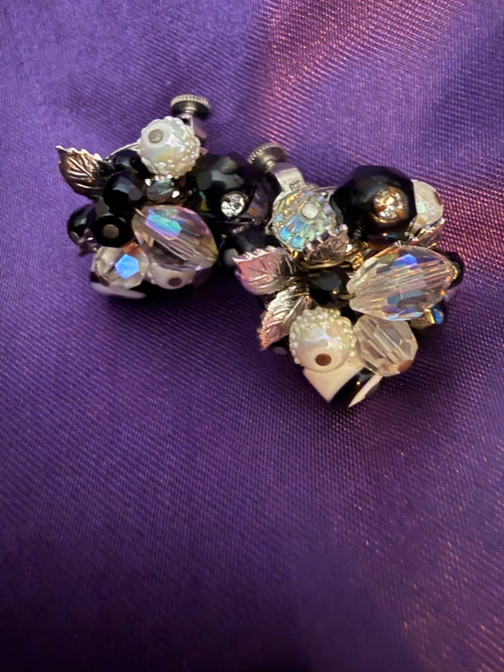 Elegant Black and Iridescent Cluster Clip-On Earrings Marked Vendome